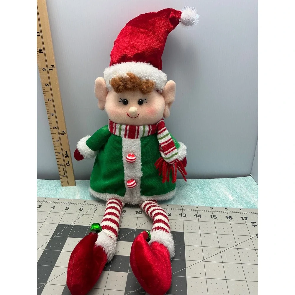 Adorable Christmas Elf Plush Toy Green Coat Red Hat Striped Scarf Festive‎ Decor